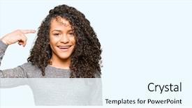  Presentation with real woman hair texture human - PPT theme featuring young beautiful woman curly hair wearing grey sweater smiling pointing head one finger great idea thought good memory background and a cool aqua colored foreground