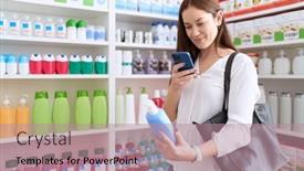  Presentation with shampoo - PPT theme featuring young-beautiful-woman-customer-make background and a coral colored foreground