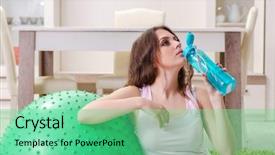  Presentation with exercises - Colorful PPT theme enhanced with young beautiful woman doing exercises backdrop and a  colored foreground