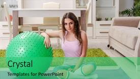  Presentation with exercises - Cool new PPT theme with young beautiful woman doing exercises backdrop and a  colored foreground