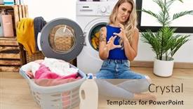  Presentation with woman hands raised to sky - PPT layouts consisting of young-beautiful-woman-doing-laundry background and a  colored foreground