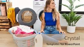  Presentation with laundry - Slide set featuring young-beautiful-woman-doing-laundry background and a  colored foreground