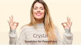  Presentation with relaxation - Cool new slide deck with young beautiful woman doing ok sign gesture with both hands expressing meditation and relaxation backdrop and a lemonade colored foreground