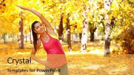  Presentation with exercises - PPT theme with young beautiful woman doing sport exercises in autumn park background and a yellow colored foreground
