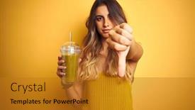  Presentation with detox - Audience pleasing slide deck consisting of young beautiful woman drinking detox green smoothy over yellow isolated background with angry face negative sign showing dislike with thumbs down rejection concept backdrop and a gold colored foreground