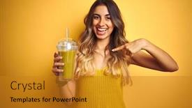  Presentation with detox - Beautiful slide deck featuring young beautiful woman drinking detox green smoothy over yellow isolated background with surprise face pointing finger to himself backdrop and a gold colored foreground