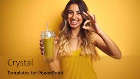  Presentation with detox - Presentation theme with young beautiful woman drinking detox green smoothy over yellow isolated background doing ok sign with fingers excellent symbol background and a gold colored foreground
