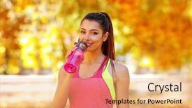  Presentation with benefits of drinking water - Slide set enhanced with young beautiful woman drinking water background and a coral colored foreground
