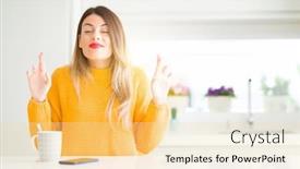  Presentation with hope - Slide deck enhanced with young beautiful woman drinking a cup of coffee at home smiling crossing fingers with hope and eyes closed luck and superstitious concept background and a blonde colored foreground