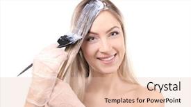  Presentation with real woman hair texture human - PPT theme having young beautiful woman dyeing hair background and a lemonade colored foreground