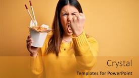  Presentation with asian chopsticks - Theme featuring young-beautiful-woman-eating-asian background and a gold colored foreground