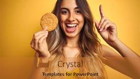  Presentation with biscuit - Presentation with young beautiful woman eating biscuit over grey isolated background surprised with an idea or question pointing finger with happy face number one background and a gold colored foreground