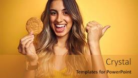 Presentation with biscuit - Slide set with young beautiful woman eating biscuit over grey isolated background pointing and showing with thumb up to the side with happy face smiling background and a gold colored foreground