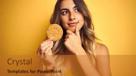  Presentation with biscuit - Presentation design with young-beautiful-woman-eating-biscuit background and a gold colored foreground