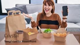  Presentation with food delivery - Theme featuring young-beautiful-woman-eating-delivery background and a coral colored foreground