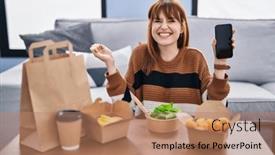  Presentation with food delivery - PPT theme with young-beautiful-woman-eating-delivery background and a coral colored foreground