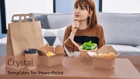 Presentation with food delivery - Presentation design with young-beautiful-woman-eating-delivery background and a coral colored foreground
