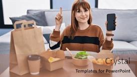  Presentation with food delivery - Slides featuring young-beautiful-woman-eating-delivery background and a coral colored foreground