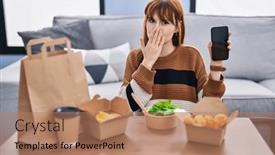  Presentation with food delivery - Presentation design featuring young-beautiful-woman-eating-delivery background and a coral colored foreground