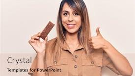  Presentation with energy bar - Colorful presentation design enhanced with young-beautiful-woman-eating-energy backdrop and a coral colored foreground