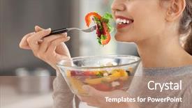  Presentation with eating - Cool new PPT theme with young beautiful woman eating fresh backdrop and a coral colored foreground