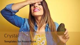  Presentation with avocado - Audience pleasing PPT theme consisting of young beautiful woman eating healthy avocado over yellow background stressed with hand on head shocked with shame and surprise face angry and frustrated fear and upset for mistake backdrop and a gold colored foreground