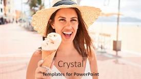  Presentation with ice cream cone - Slide deck enhanced with young beautiful woman eating ice cream cone by the beach on a sunny day of summer on holidays background and a coral colored foreground