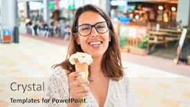  Presentation with ice cream cone - Slide deck consisting of young beautiful woman eating ice cream cone at the shopping center on a sunny day of summer on holidays background and a lemonade colored foreground