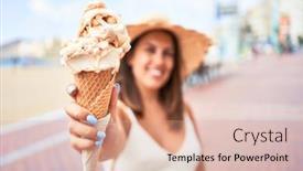  Presentation with ice cream cone - PPT theme enhanced with young-beautiful-woman-eating-ice background and a coral colored foreground