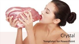  Presentation with raw meat - PPT theme with young beautiful woman eating raw meat isolated on white background and a coral colored foreground