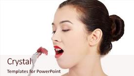  Presentation with raw meat - Colorful presentation theme enhanced with young beautiful woman eating raw meat isolated on white backdrop and a lemonade colored foreground