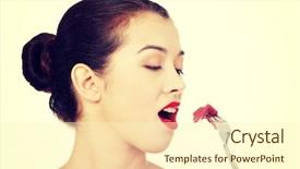  Presentation with raw meat - PPT theme consisting of young beautiful woman eating raw meat background and a cream colored foreground