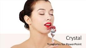  Presentation with raw meat - Presentation theme featuring young beautiful woman eating raw meat isolated on white background and a lemonade colored foreground