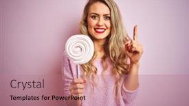  Presentation with sweet candy - PPT theme with young beautiful woman eating sweet candy over pink isolated background surprised with an idea or question pointing finger with happy face number one background and a coral colored foreground