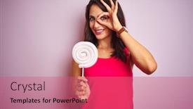  Presentation with sweet candy - Beautiful PPT layouts featuring young beautiful woman eating sweet candy over pink isolated background with happy face smiling doing ok sign with hand on eye looking through fingers backdrop and a coral colored foreground