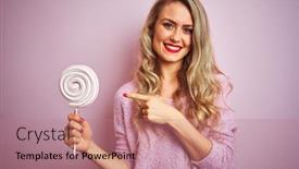  Presentation with sweet candy - Slide deck having young beautiful woman eating sweet candy over pink isolated background very happy pointing with hand and finger background and a coral colored foreground