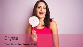  Presentation with sweet candy - Beautiful presentation design featuring young beautiful woman eating sweet candy over pink isolated background with a happy face standing and smiling with a confident smile showing teeth backdrop and a coral colored foreground