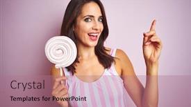  Presentation with sweet candy - Presentation theme featuring young beautiful woman eating sweet candy over pink isolated background very happy pointing with hand and finger to the side background and a coral colored foreground