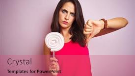  Presentation with sweet candy - PPT theme with young-beautiful-woman-eating-sweet background and a coral colored foreground