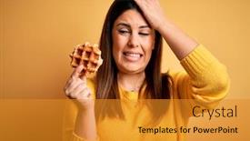  Presentation with sweet pastry - PPT theme featuring young-beautiful-woman-eating-sweet background and a gold colored foreground