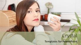  Presentation with tea coffee - Audience pleasing theme consisting of young beautiful woman having coffee or tea in the kitchen backdrop and a mint green colored foreground