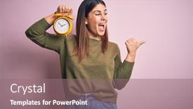  Presentation with clock face - Presentation theme having young-beautiful-woman-holding-alarm background and a coral colored foreground