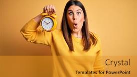  Presentation with clock face - Amazing presentation theme having young-beautiful-woman-holding-alarm backdrop and a gold colored foreground