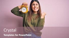  Presentation with emotion - Slide set with young-beautiful-woman-holding-alarm background and a coral colored foreground