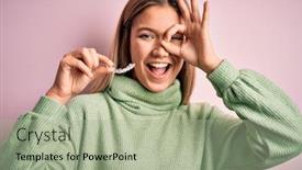  Presentation with eye - Slide set consisting of young-beautiful-woman-holding-aligner background and a mint green colored foreground