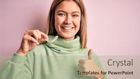  Presentation with fingers - Colorful PPT layouts enhanced with young-beautiful-woman-holding-aligner backdrop and a mint green colored foreground