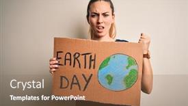  Presentation with hand holding earth - PPT layouts with young-beautiful-woman-holding-banner background and a violet colored foreground