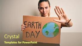  Presentation with hand holding earth - Cool new presentation theme with young-beautiful-woman-holding-banner backdrop and a violet colored foreground