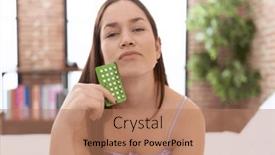  Presentation with control - PPT theme having young-beautiful-woman-holding-birth background and a coral colored foreground