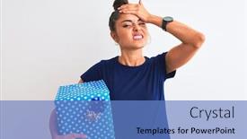  Presentation with 75th birthday photos heading - Colorful PPT theme enhanced with young-beautiful-woman-holding-birthday backdrop and a teal colored foreground